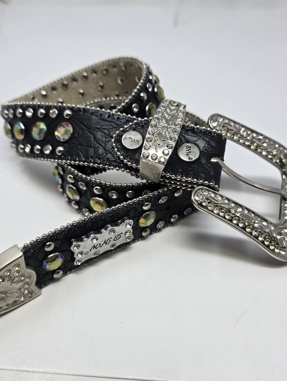 Womens Large Western Rhinestone Bling Leather Belt